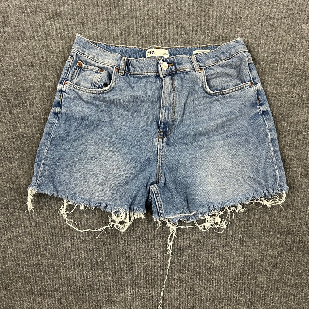 Zara Denim Shorts Womens Size 12 Blue 90s Bermuda Lyocell Blend Frayed Raw Hem